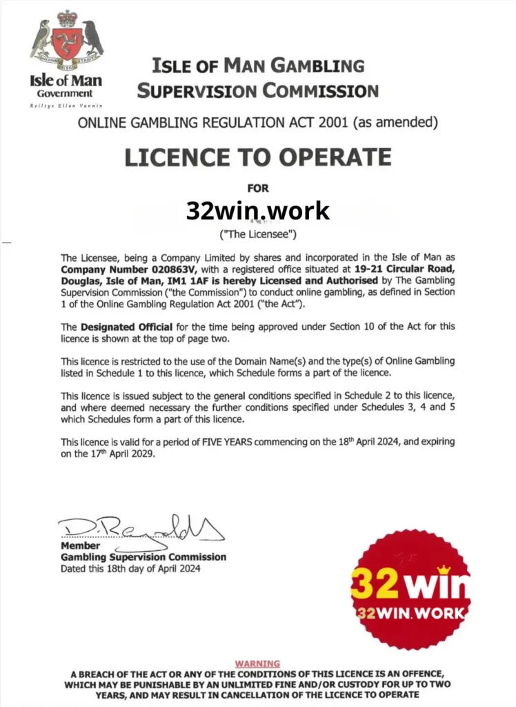 Giấy phép Isle of Man Gambling Supervision Commission của nhà cái 32win